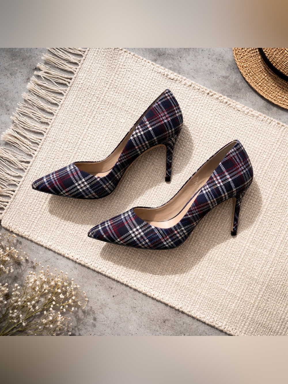 Ann Taylor Plaid Pointed-Toe Stiletto Pumps - Navy and Red